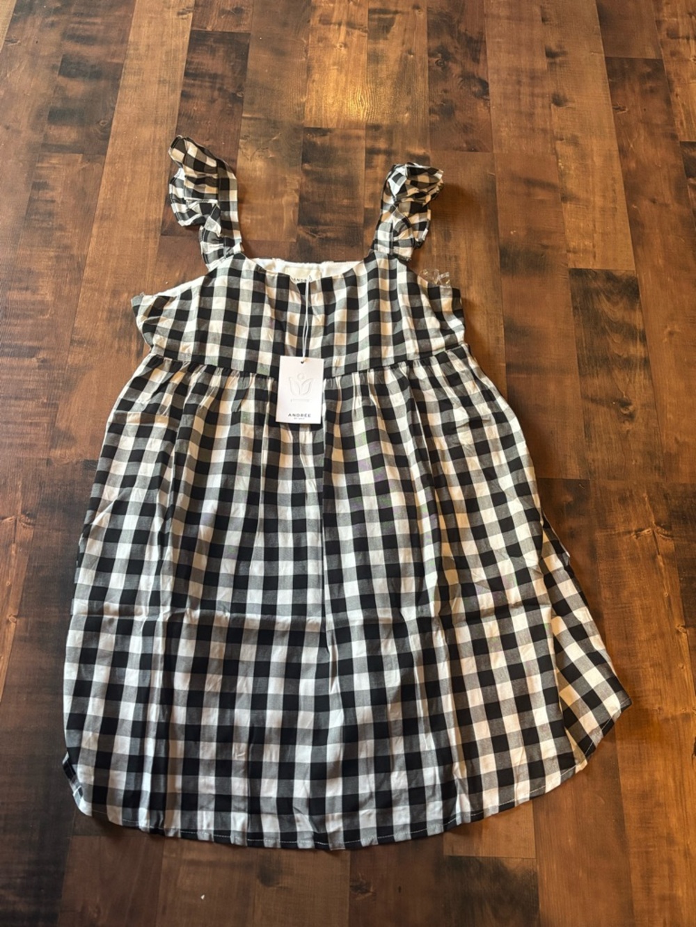Andree Black and White Gingham Ruffle Strap Dress